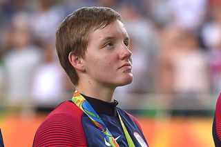 Kelly Catlin on the podium after winning the silver medal in the Team Pursuit at the 2016 Rio Olympics