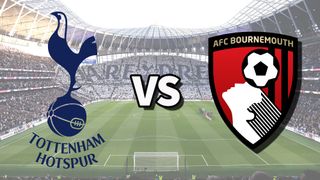 The Tottenham Hotspur and AFC Bournemouth club badges on top of a photo of Tottenham Hotspur Stadium in London, England