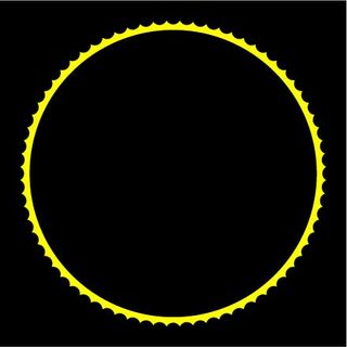 A black square with a the outline of an yellow circle that has been covered by a black circle.