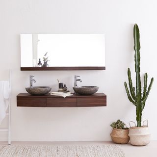 large cacti and smaller plant stored in wicker baskets in bathroom