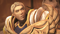 A younger Turalyon, from World of Warcraft: Midnight, looks surprised at something off-screen during a vicious battle.