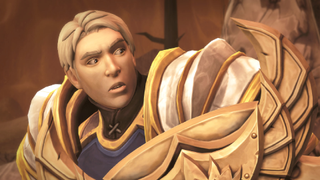 A younger Turalyon, from World of Warcraft: Midnight, looks surprised at something off-screen during a vicious battle.