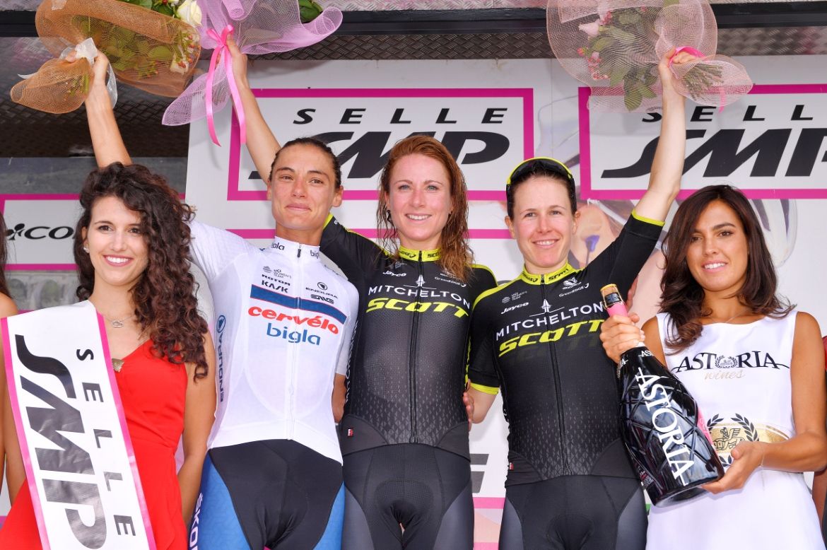 Ashleigh Moolman-Pasio, Annemiek van Vleuten and Amanda Spratt on the Zoncolan podium