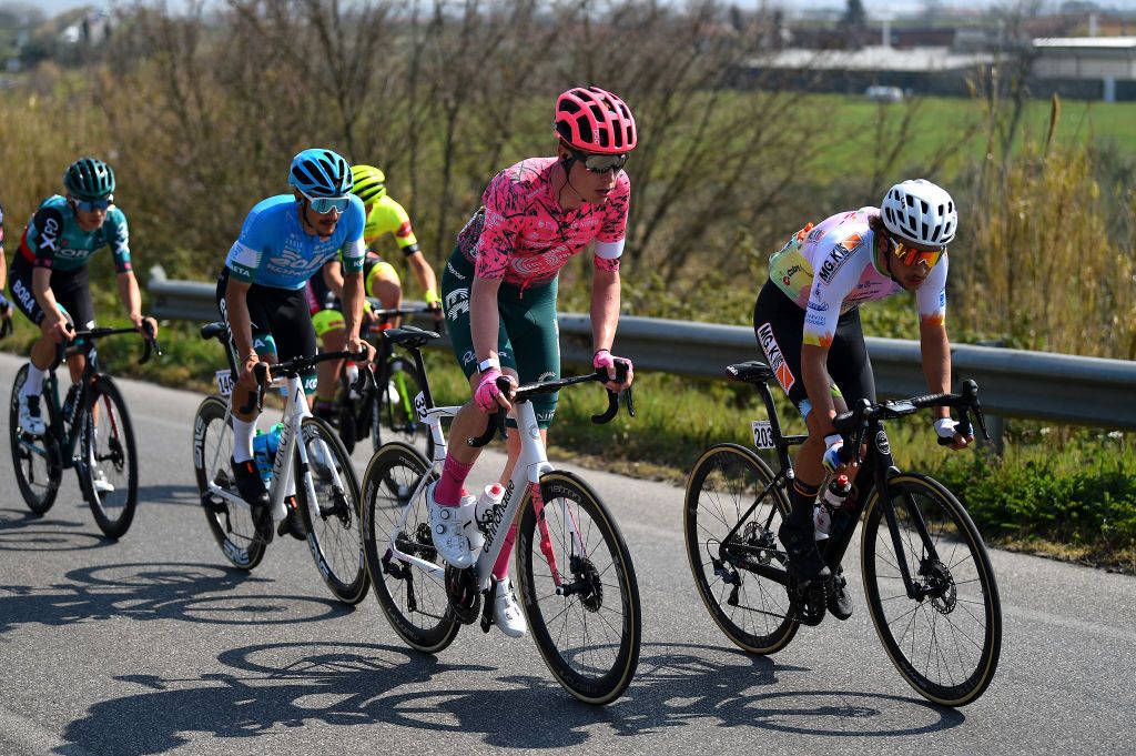 CANTAGRILLO ITALY MARCH 26 LR Julius Van Den Berg of Netherlands and Team EF Education Easypost and Jacopo Cortese of Italy and Team MgK Vis Colors For Peace Vpm compete in the breakaway during the 36th Settimana Internazionale Coppi e Bartali 2022 Stage 5 a 160km stage from Casalguidi to Cantagrillo CoppieBartali on March 26 2022 in Cantagrillo Italy Photo by Dario BelingheriGetty Images