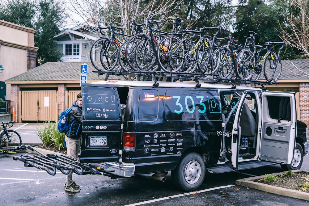 Bikes are loaded on the 303 Project van