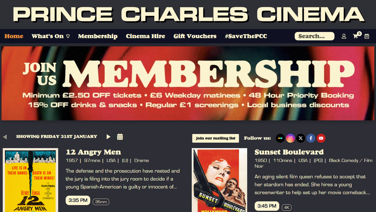 website screengrab of the Prince Charles Cinema