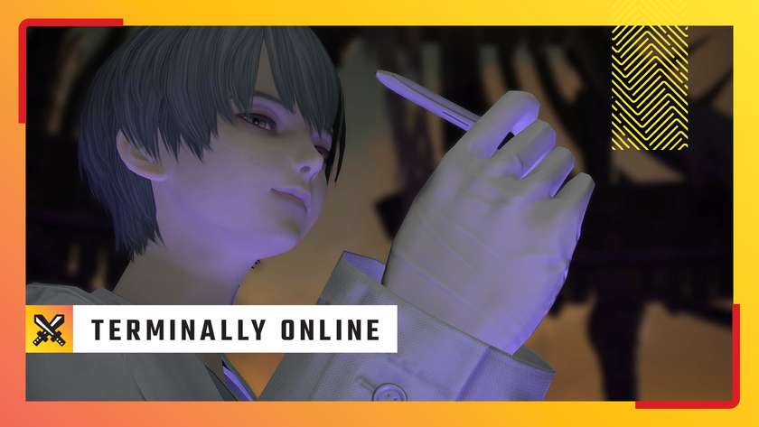 Calyx, a villain in FF14, holds a stylus pen beneath a graphic for Terminally Online, PC Gamer's own MMO column.