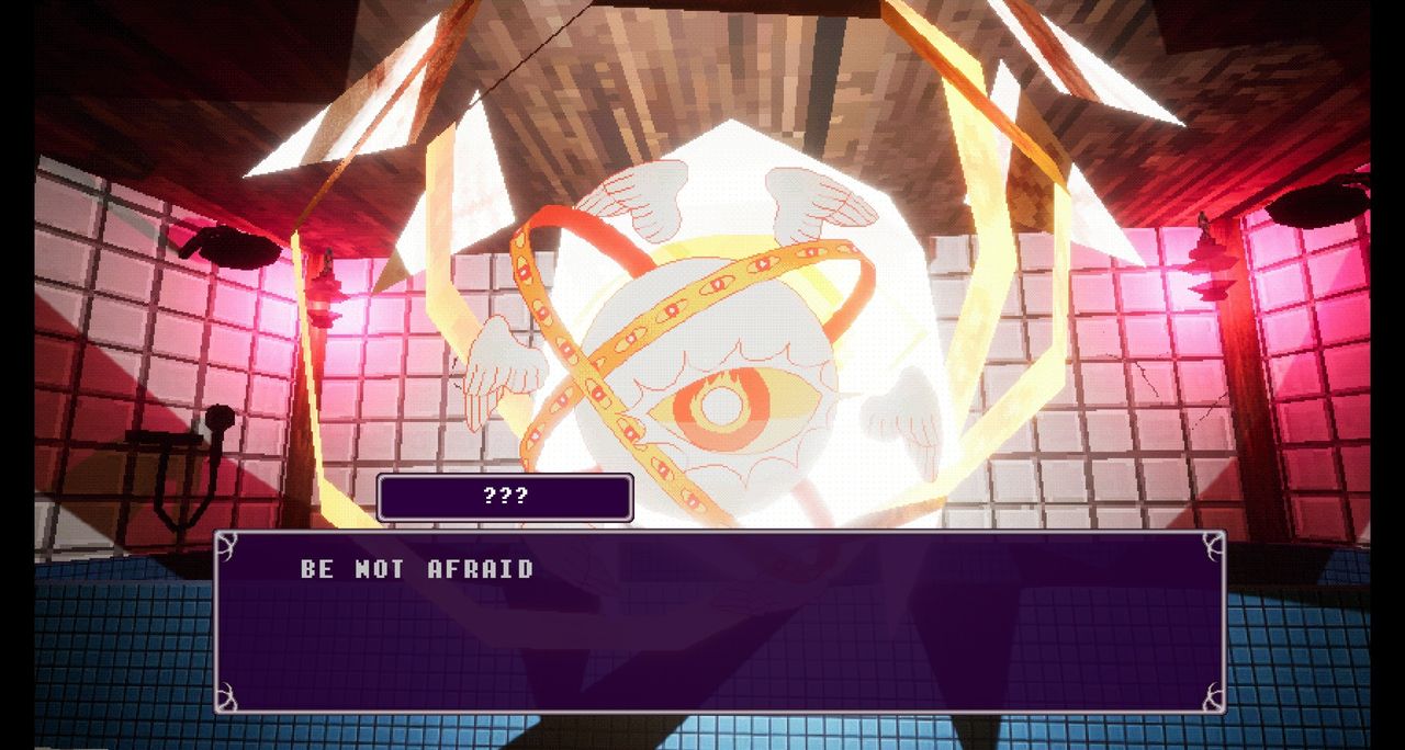 A so-called "biblically accurate angel" in the game's dialogue screen, text: "DO NOT BE AFRAID" in all caps