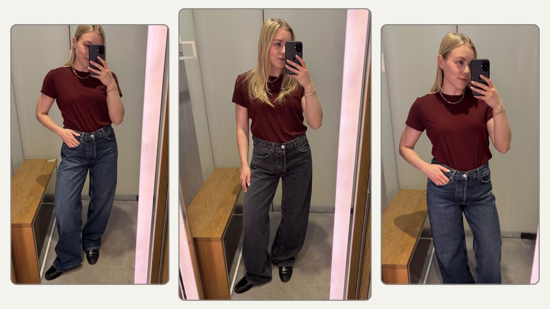 Woman wears burgundy T-shirt and blue jeans