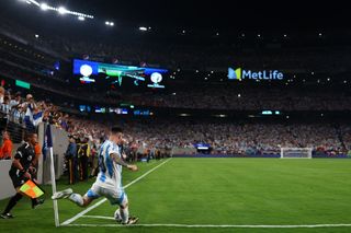 Lionel Messi of Argentina takes a corner kick during the CONMEBOL Copa America 2024 semifinal match between Canada and Argentina at MetLife Stadium on July 09, 2024 in East Rutherford, New Jersey