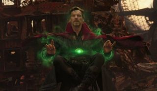 Avengers: Infinity War Doctor Strange reviewing all of the scenarios in a meditative pose