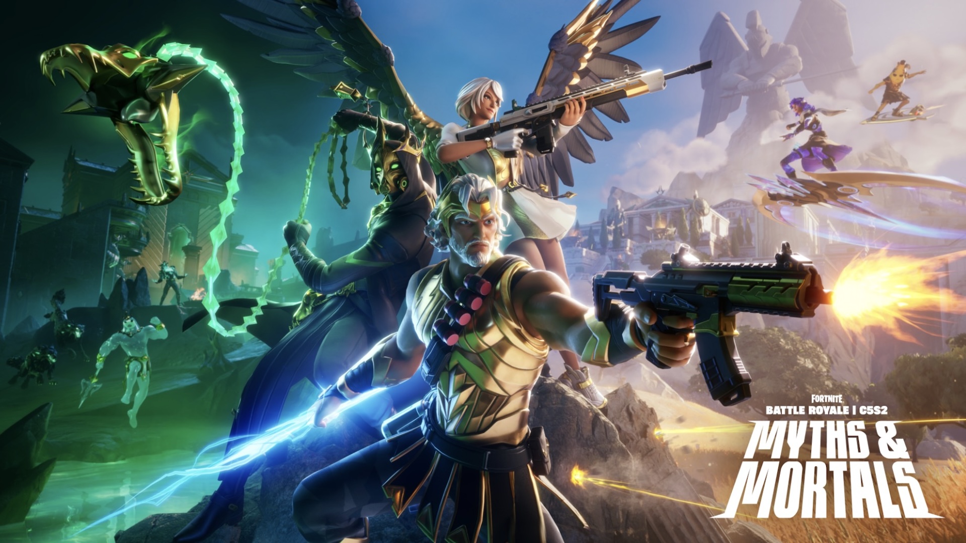 The new loading screen for Fortnite: Myths and Mortals. Greek Gods holding weapons, with a green serpent monster to the left of them. Zeus, Peely and Hades can all be seen