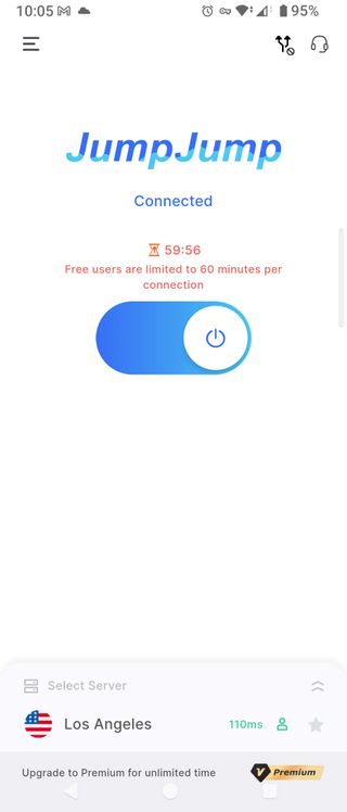 JumpJump VPN's app interface limiting free users to 60 minutes