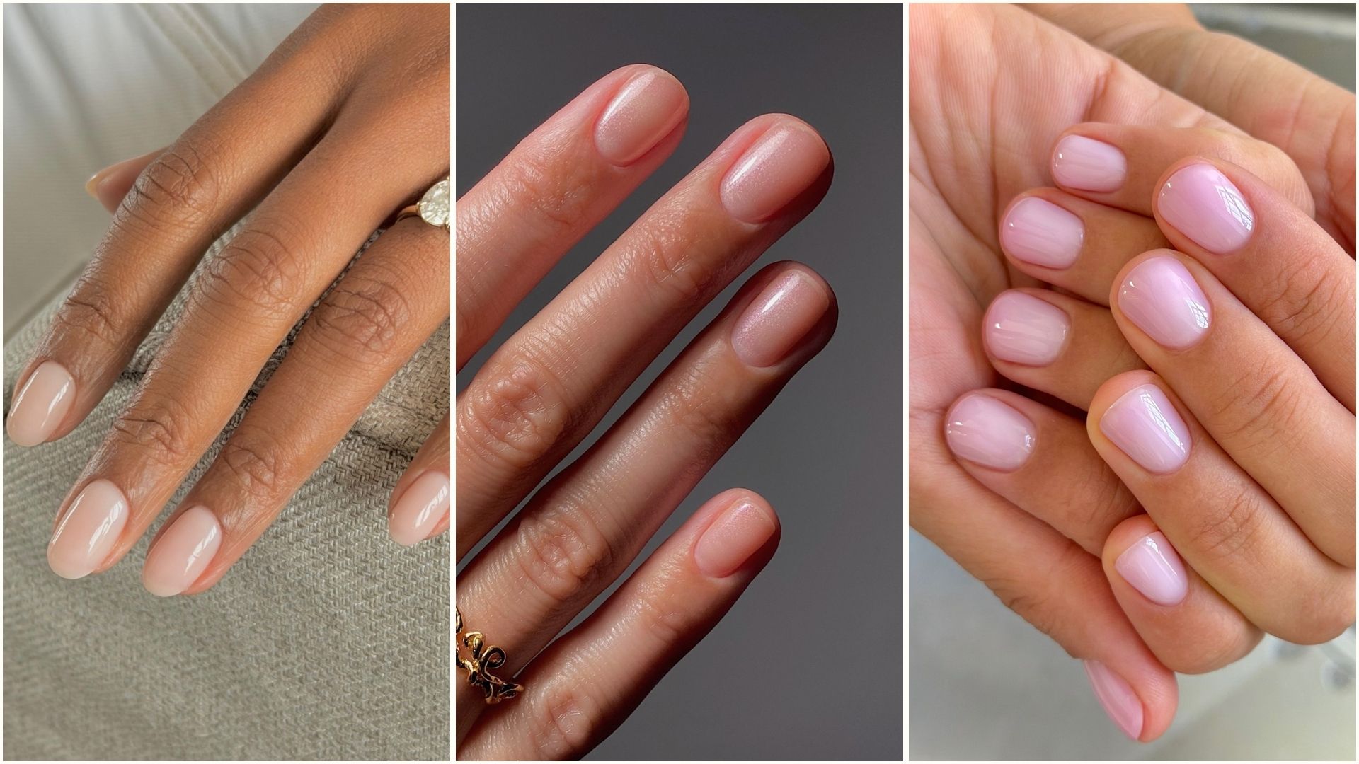 A collage of short neutral nail looks