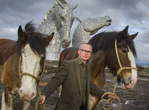 Sculptor Andy Scott with Clydesdales, Duke and Baron at the unveiling of the Kelpies