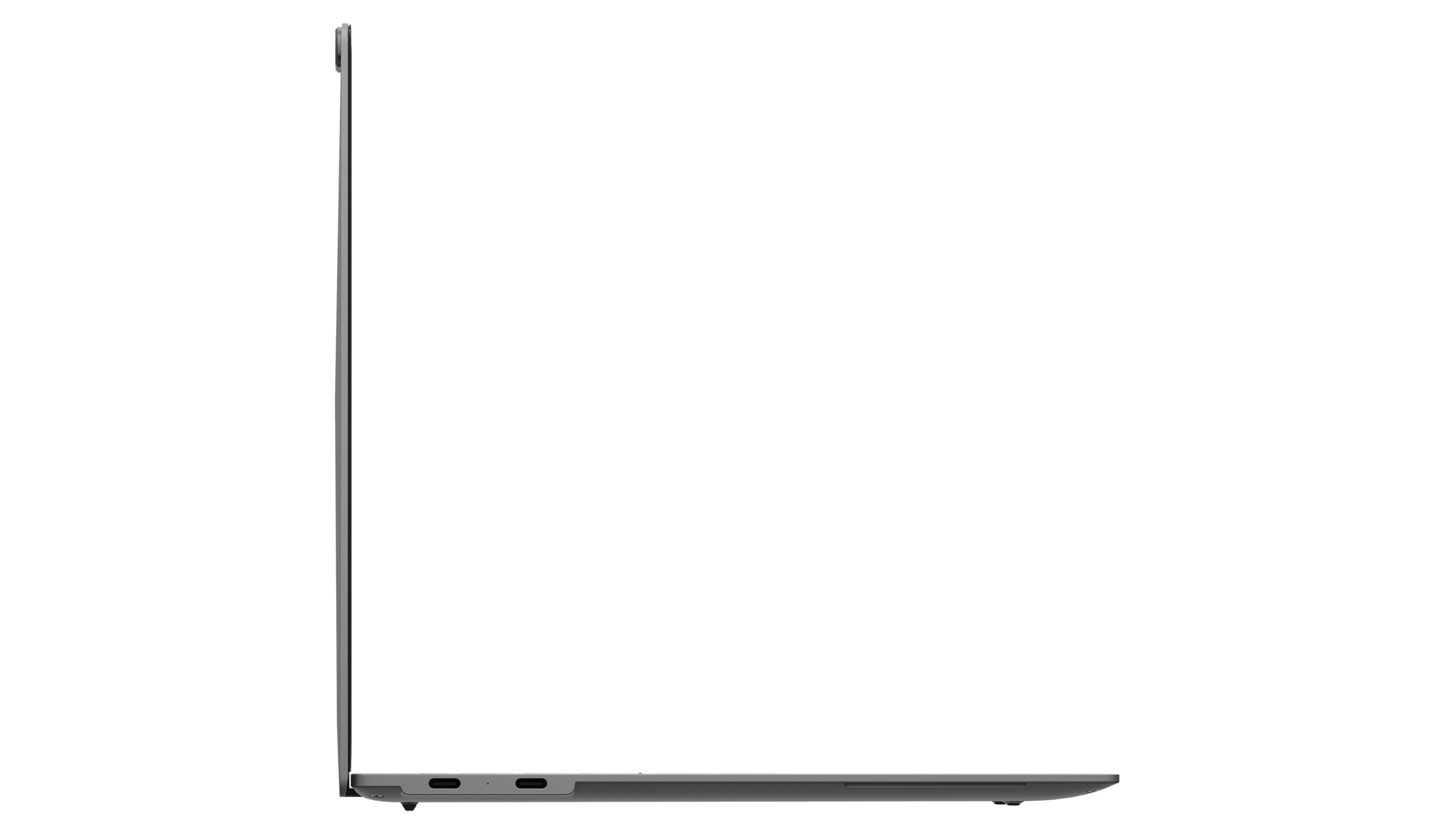 Side view of an ultra-thin grey laptop standing open at a 90-degree angle, highlighting its extremely slender display and base.