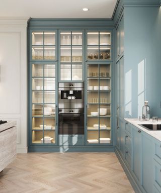 Floor to ceiling sage green crittal windowed storage in a large modern kitchen with chevron parquet floors