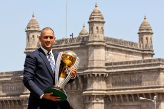 MS Dhoni with the ICC Cricket World Cup Trophy in 2011