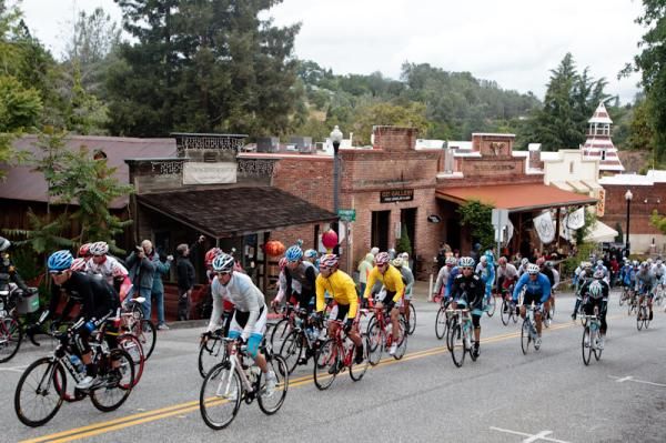 The group rolls through the old town section of Auburn at the start