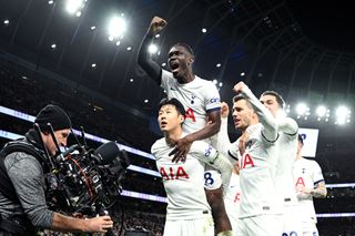 Tottenham players celebrate with Son Heung-min after his goal against Newcastle in December 2023.