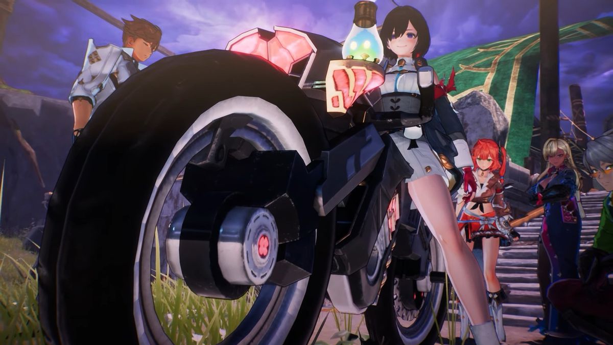 Promotional screenshot of Yumia preparing to ride her motorcycle in Atelier Yumia: The Alchemist of Memories &amp; the Envisioned Land