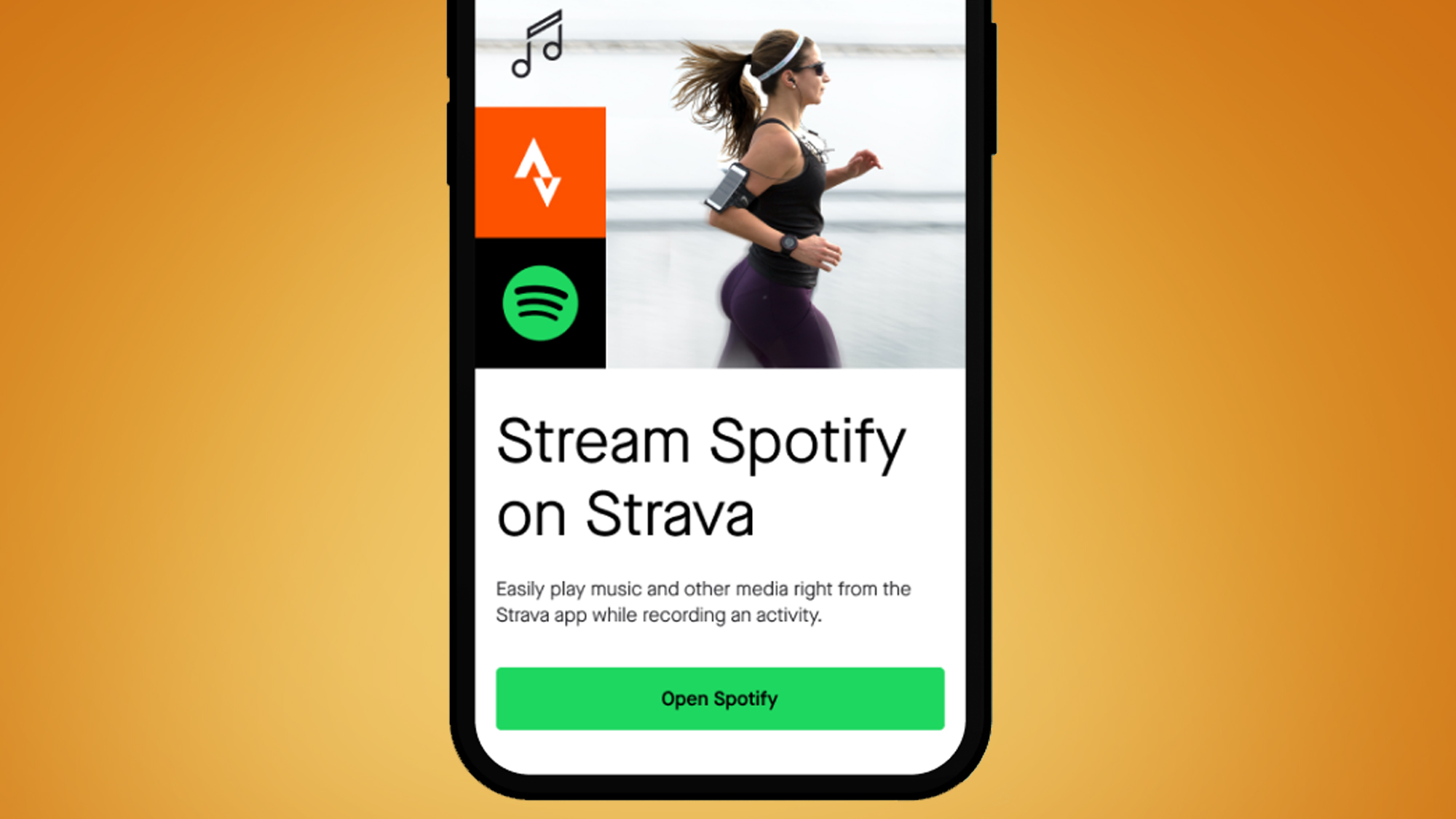 Una pantalla de teléfono sobre un fondo naranja que muestra la integración de Strava y Spotify
