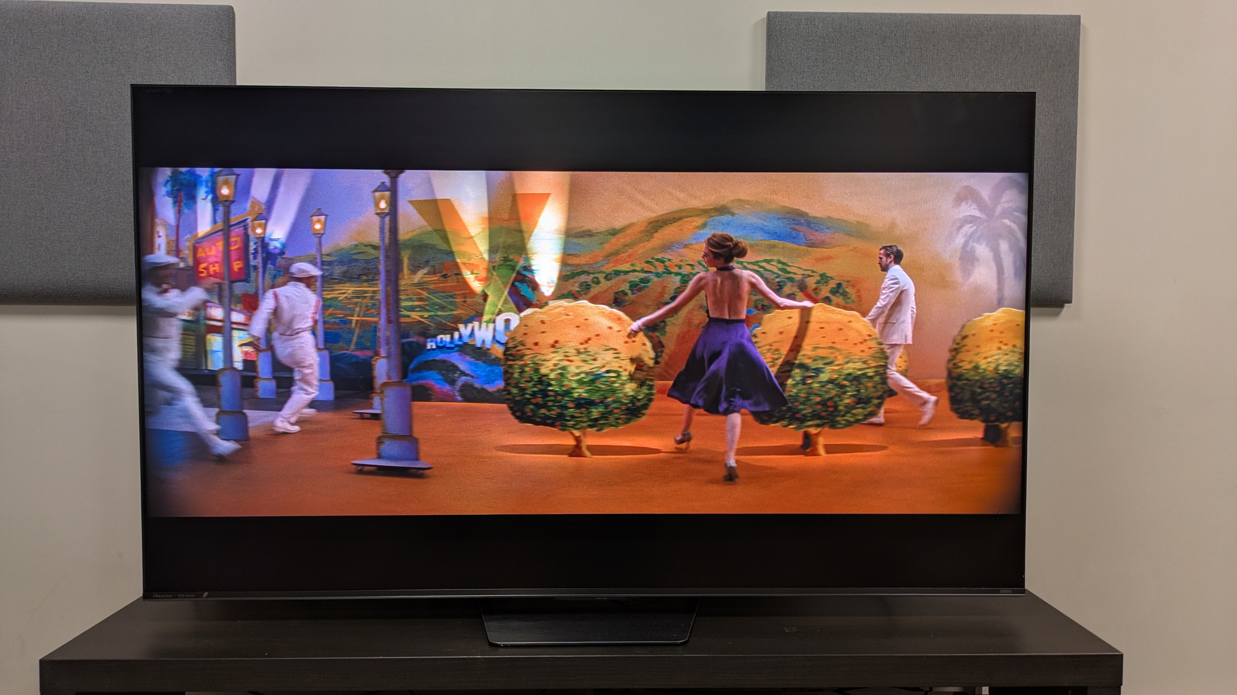 Hisense UR8 showing Mia dancing on a studio set from La La Land. The UR8 has vibrant colors with nice punch
