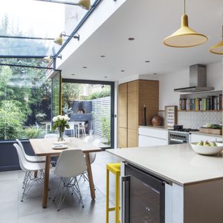 Large kitchen with skylight and glass sliding doors