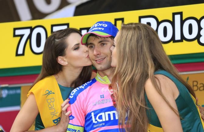 Kisses for Tour of Poland stage one winner Diego Ulissi (Lampre-Merida)