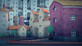A street-level view of a seaside townscaper creation.