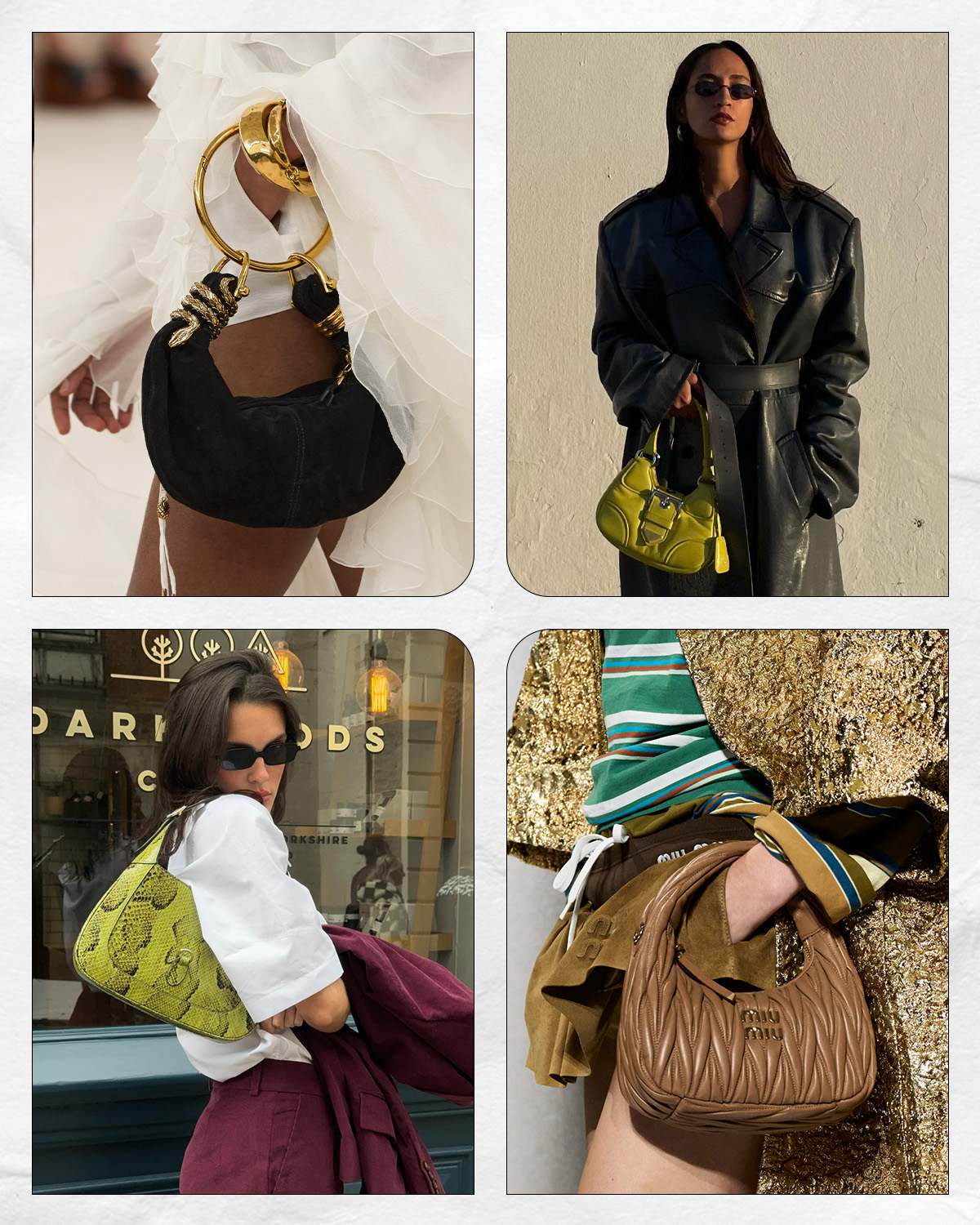a collage of a women and influencers wearing '90s handbag trend: crescent-shaped purse