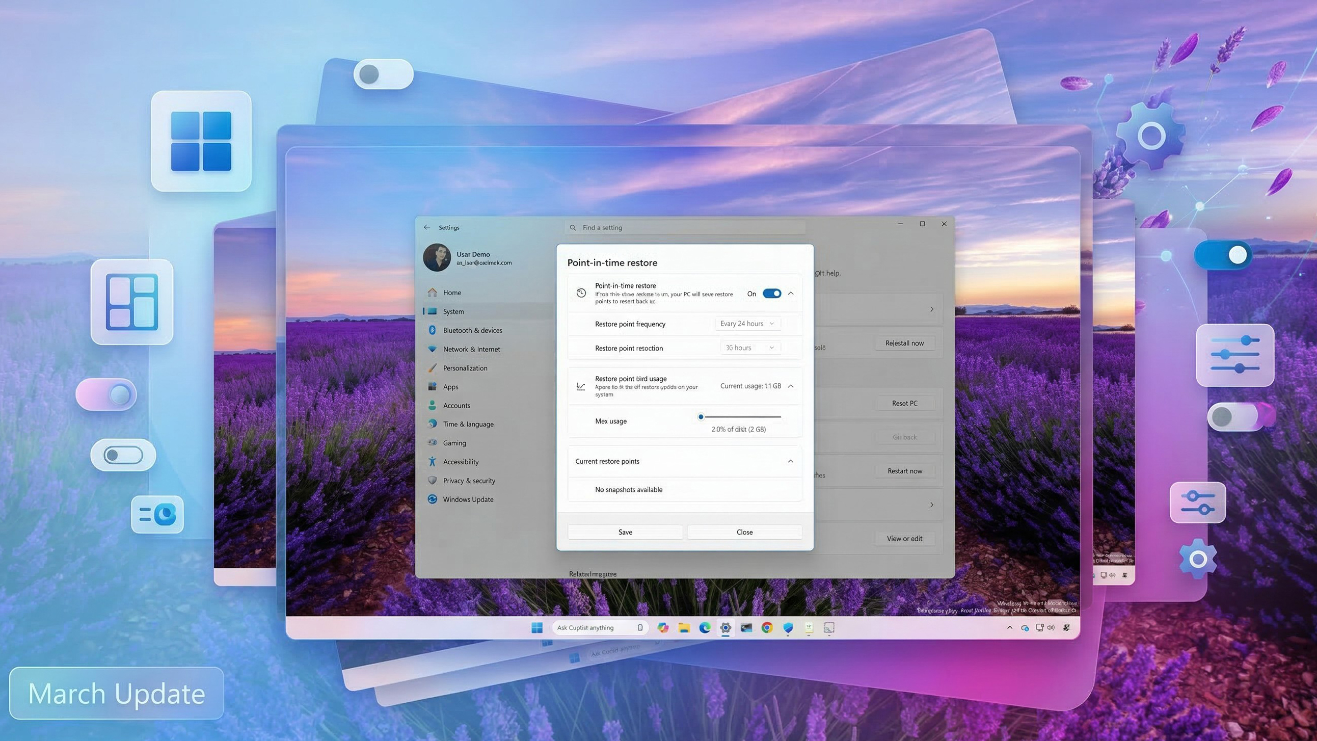 Screenshots from Windows 11 Insider update March 2026.
