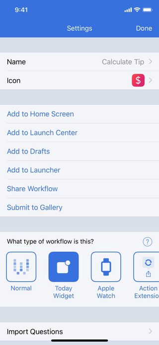 Highlight of an individual workflow's setting screen showing to tap on Share Workflow