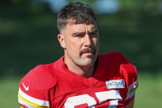 Kansas City Chiefs tight end Travis Kelce (87) during training camp on August 2, 2024 at Missouri Western State University in St. Joseph, MO