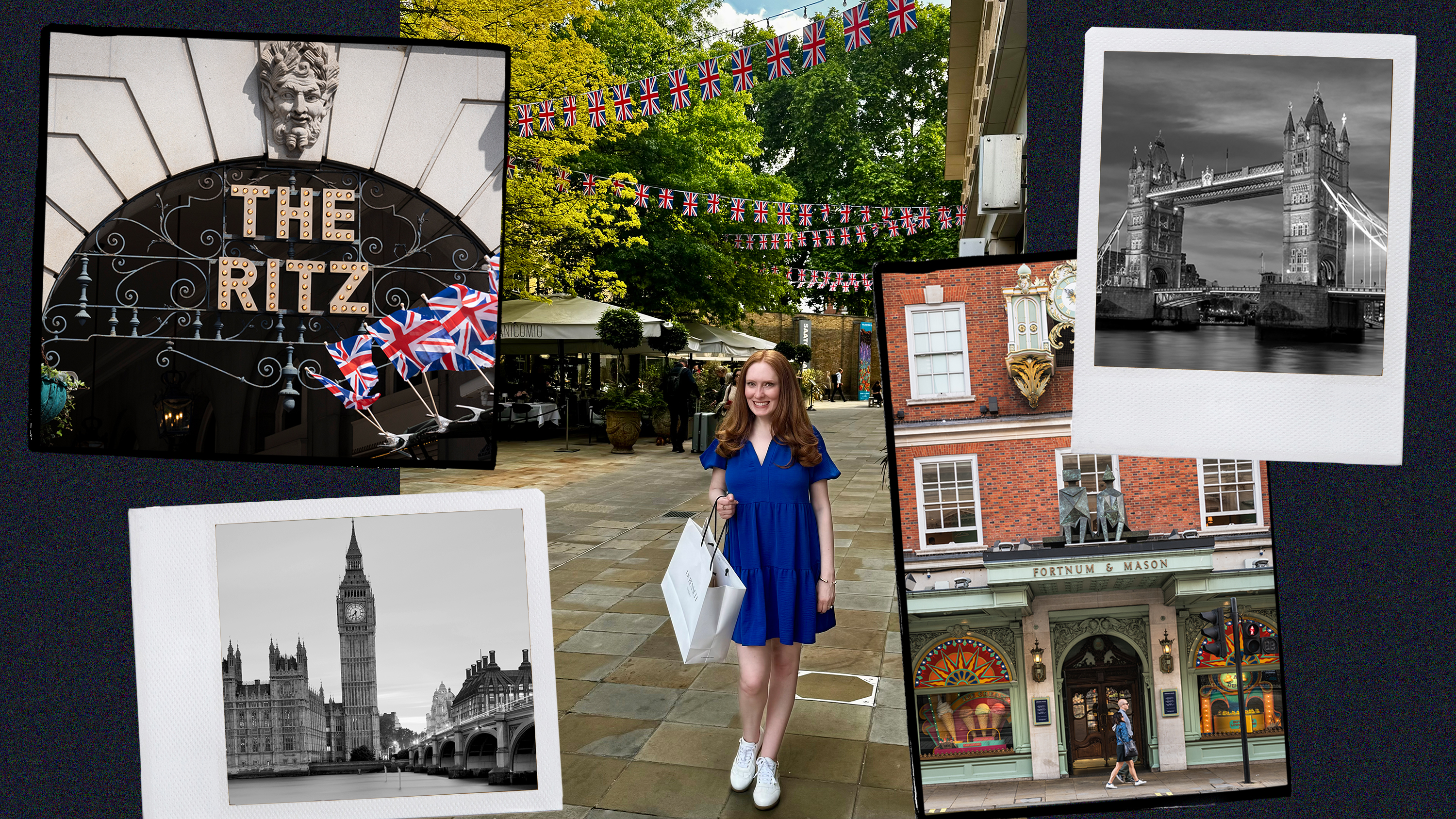 A collage featuring the Ritz, Big Ben, Tower Bride, Fortnum and Masons and Kristin Contino holding a shopping bag