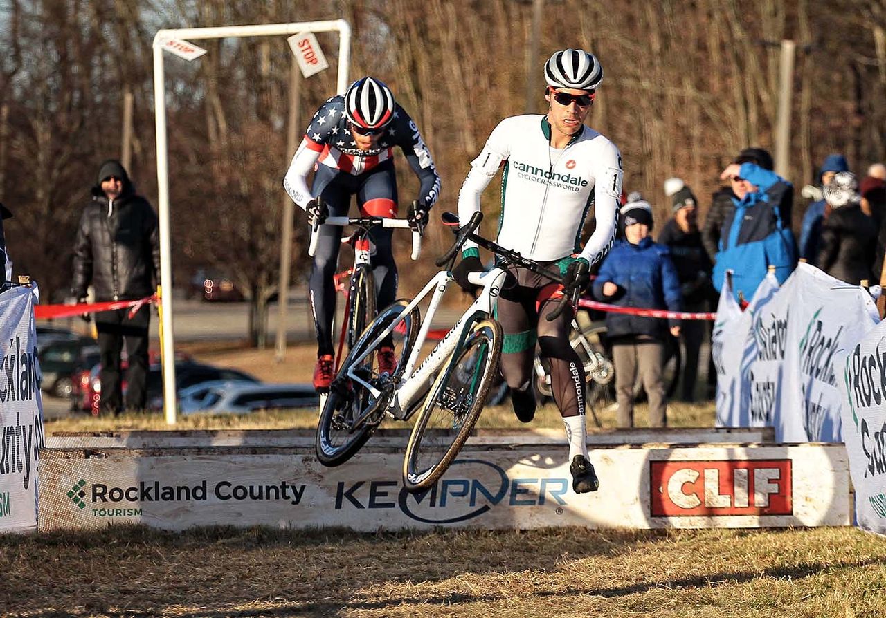 Curtis White and Stephen Hyde over the barriers