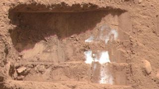 A close up of a the reddish-brown surface of Mars with white streaks across it
