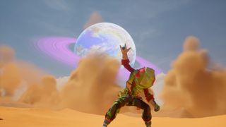 Revenge of the Savage Planet review; a man poses in front of a sand storm and an alien planet