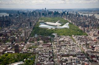 Using 52,914 LEGO bricks, Ed Diment will assemble a mosaic of this photograph showing Enterprise flying over Central Park in 2011.