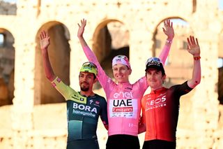 Giro d'Italia 2024: the final GC podium (L-R: Dani Martínez, Pogačar, Geraint Thomas)