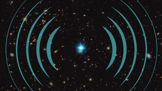 A deep field of the universe with superimposed radiowaves and a massive blue star