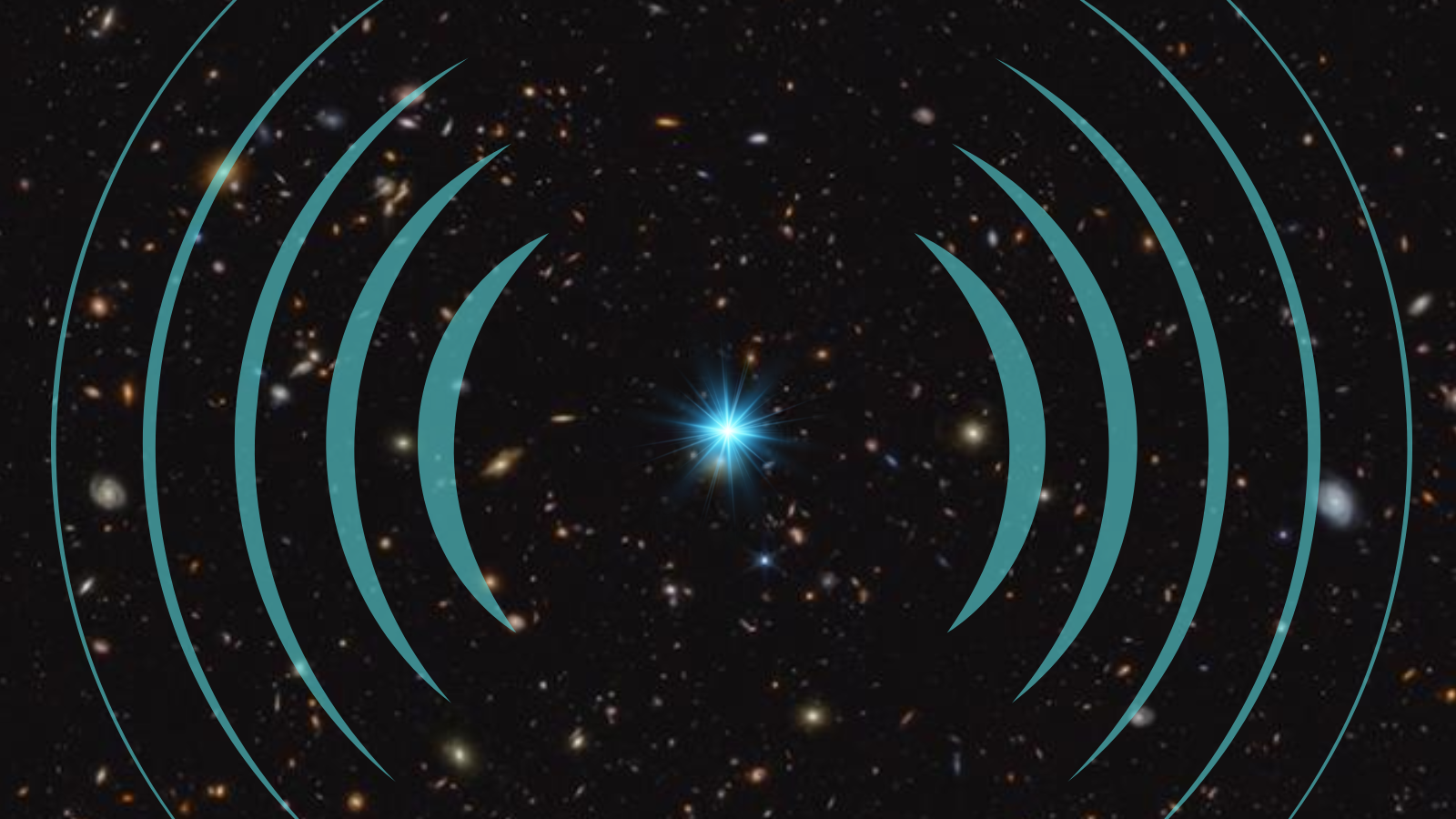 A deep field of the universe with superimposed radio waves and a massive blue star