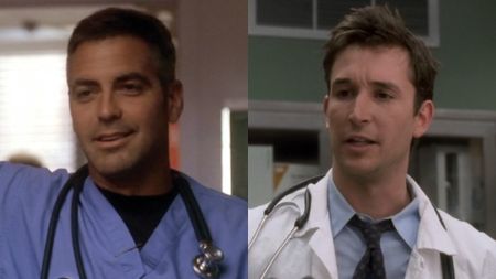 From L to R: Doug leaning against a doorframe and Carter talking to someone on ER.