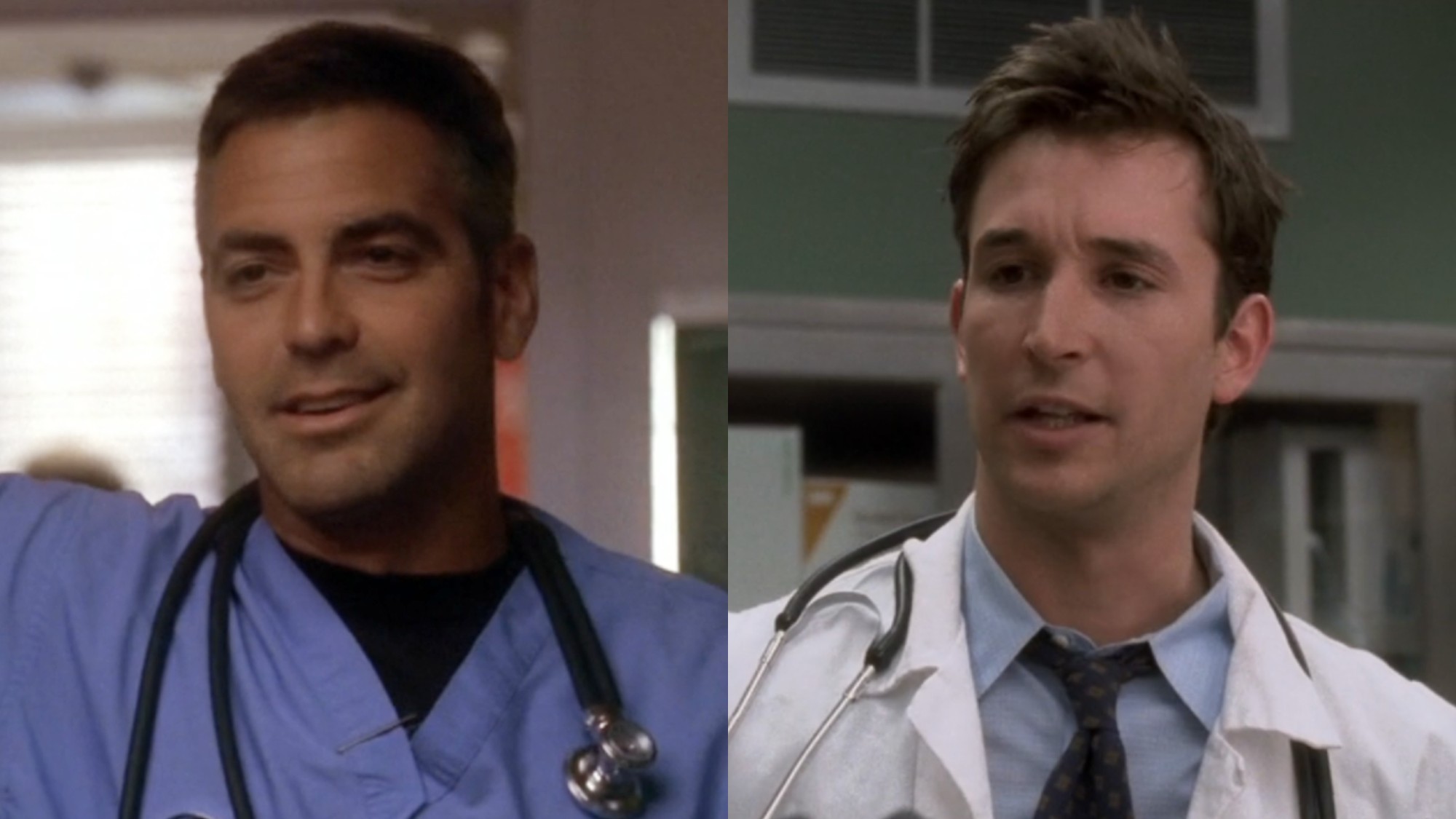 From L to R: Doug leaning against a doorframe and Carter talking to someone on ER.