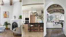 round fireplace, kitchen with arch and living room with beams