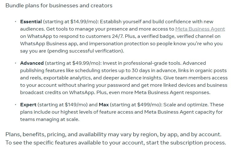 Meta One details for its business and creator Max and Expert plans.