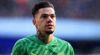 MANCHESTER, ENGLAND - NOVEMBER 25: Ederson of Manchester City looks on during the Premier League match between Manchester City and Liverpool FC at Etihad Stadium on November 25, 2023 in Manchester, England. (Photo by Michael Regan/Getty Images)