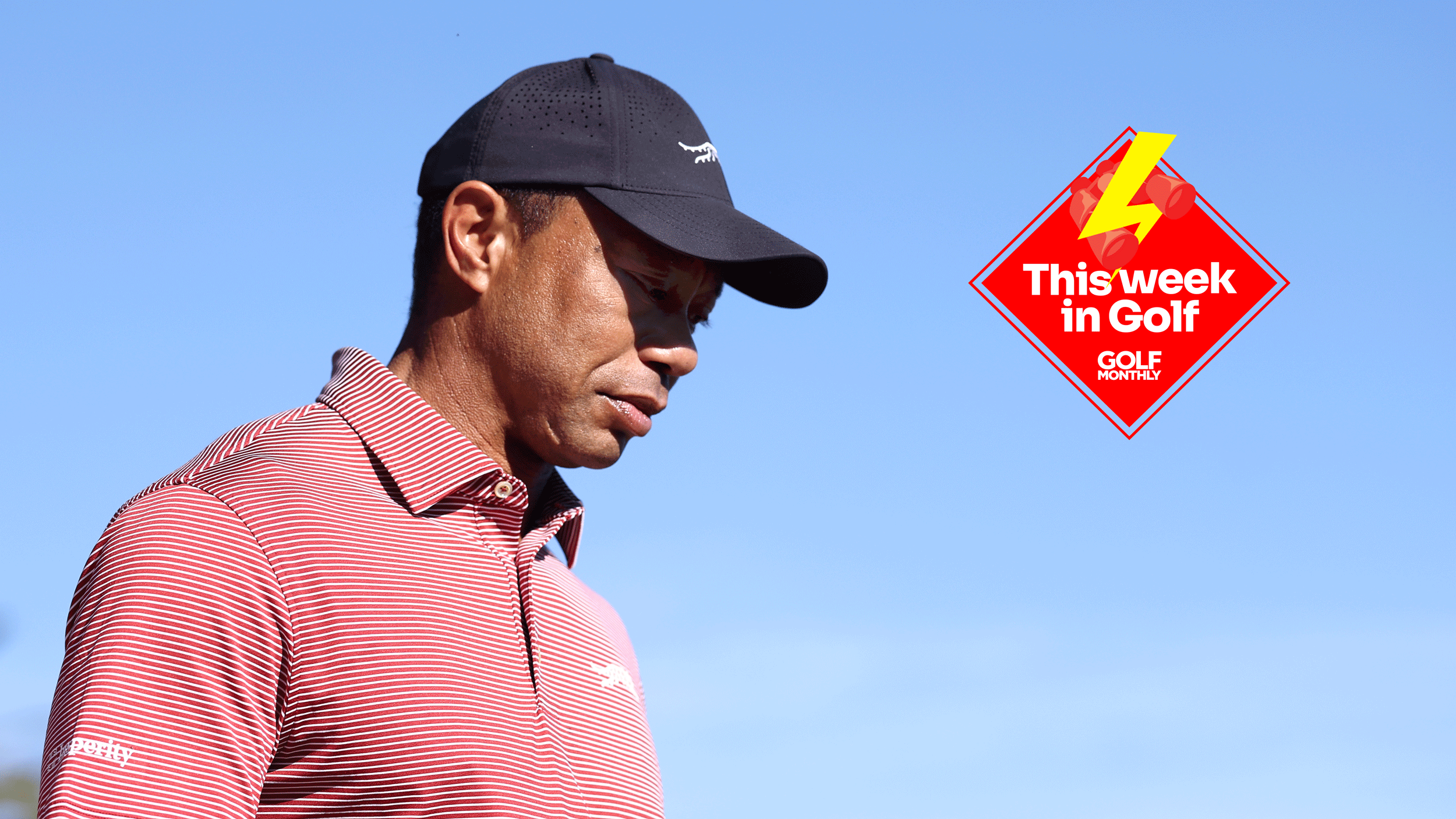 Main image of Tiger Woods looking down from a side profile with the This Week In Golf sticker in the top right