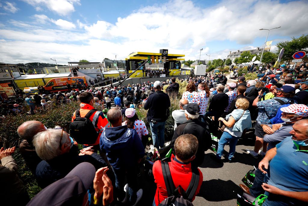 FOUGERES FRANCE JUNE 29 Simon Clarke of Australia Michael Gogl of Austria Victor Campenaerts of Belgium Max Walscheid of Germany Sean Bennett of The United States Nic Dlamini of South Africa Sergio Henao of Colombia Carlos Barbero of Spain and Team Qhubeka NextHash at start during the 108th Tour de France 2021 Stage 4 a 1504km stage from Redon to Fougres Public Fans Team Presentation LeTour TDF2021 on June 29 2021 in Fougeres France Photo by Chris GraythenGetty Images