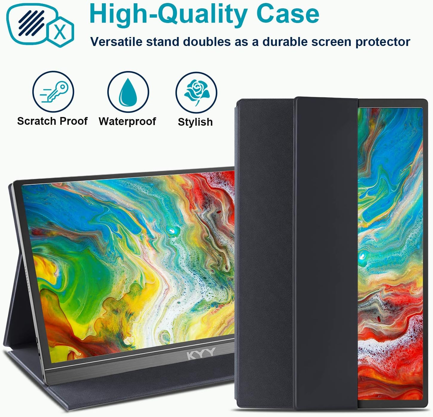 A promotional image of a high-quality tablet case, featuring a vibrant abstract screen display. Icons highlight its scratch-proof, waterproof, and stylish qualities.
